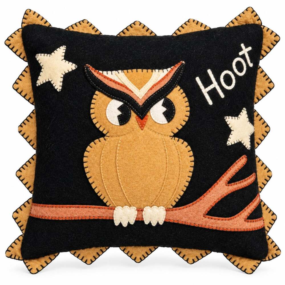 VTG Felt Wool Owl Halloween Throw Pillow Tree Branch Stars Applique Fall Decor